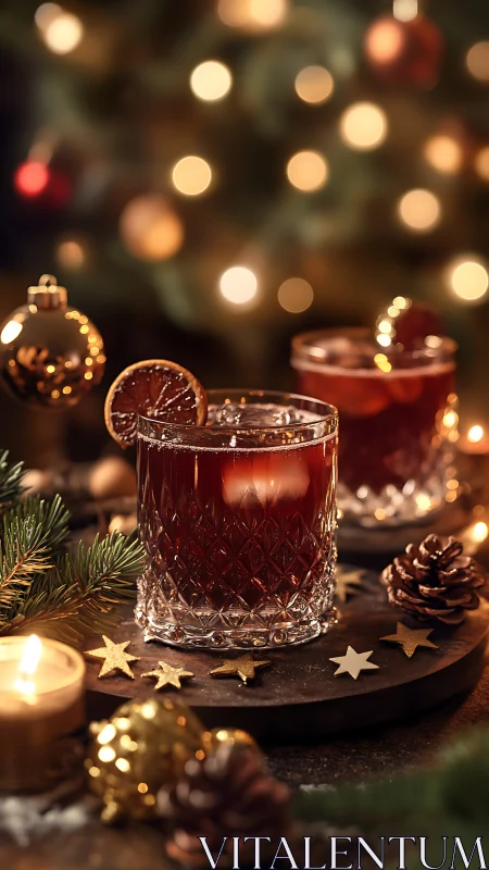 Festive Cocktail Celebration with Warm Lights and Evergreen Decorations