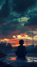 Child sits on wet pavement observing dense storm clouds