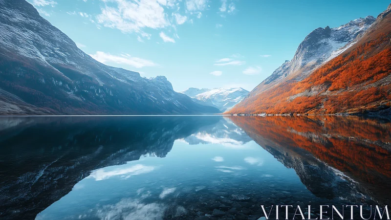 Autumn fjord mountains reflect in glassy blue alpine lake.