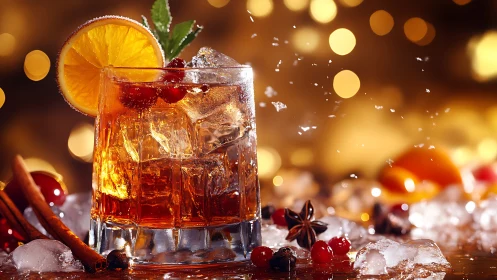 Amber-Toned Beverage in Crystal Glassware with Crystalline Ice and Citrus Garnish