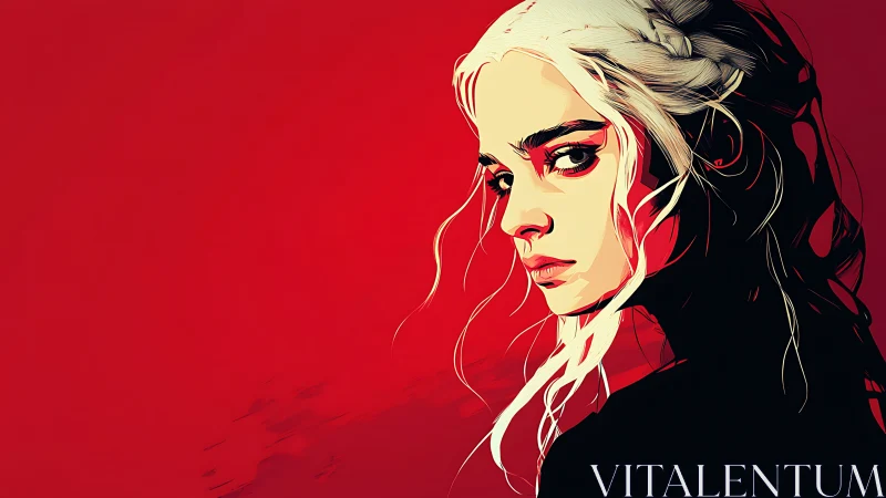 Fierce white haired heroine against bold crimson backdrop.