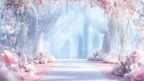 Blossom-draped wedding aisle in dreamy pastel dawn light.