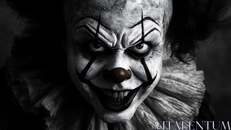 Monochrome horror portrait of menacing theatrical clown visage.