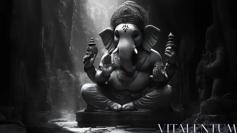 Majestic stone Ganesha meditating in a cavern of shadows.