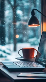 Photorealistic winter workspace with laptop, mug, and lamplight.