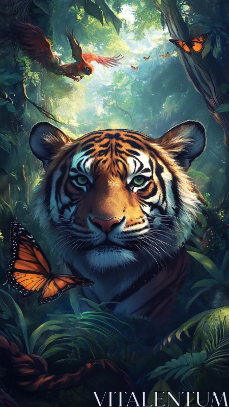 Majestic jungle tiger framed by glowing butterflies.