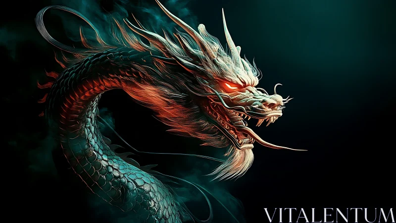 Bioluminescent dragon rendered in high-contrast digital chiaroscuro