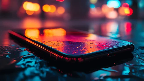Wet smartphone reflects neon city lights on rainy street