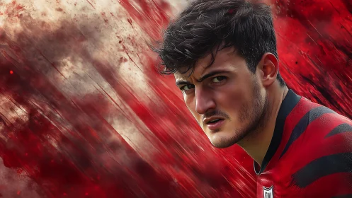 Dynamic digital portrait of footballer amid red motion streaks