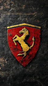 Weathered red shield displays distressed heraldic rearing horse emblem