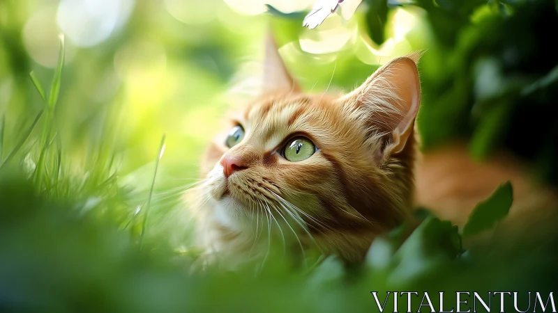 Ginger Cat with Green Eyes Gazing Upward in Garden