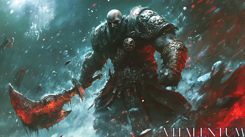 Armored berserker charging through glacial debris field.