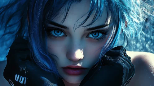 Blue glare daydreamer with frostbright cyberpunk stare.