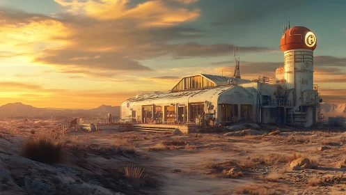 Desert frontier outpost glows under a drifting ember sky.