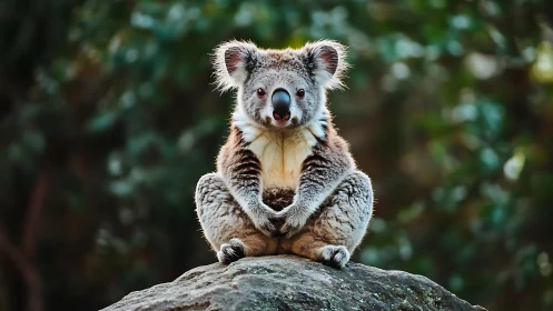 Koala yogi perches on stone throne, mastering forest calm