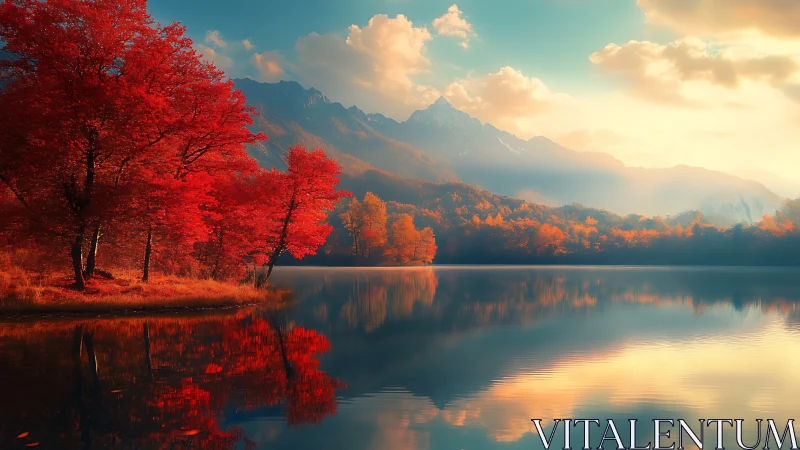 Landscape depicts autumn shoreline trees reflecting on lake