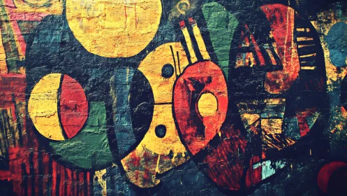 Bold abstract mural with geometric shapes in vivid urban style.