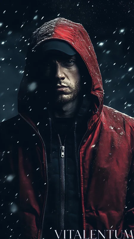 Hooded wanderer stands in snowfall, half-lit by winter gloom.