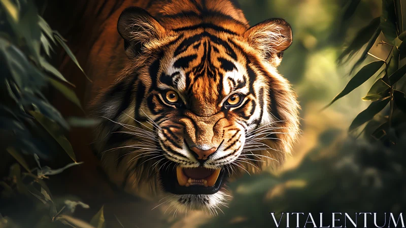 Tiger faces viewer with bared teeth in dense foliage