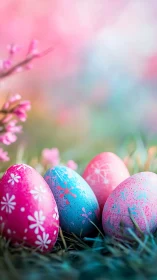 Pastel spring eggs resting in dreamy floral meadow light.