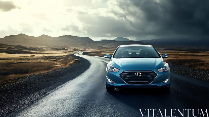 Blue sedan on wet rural road under overcast sky.