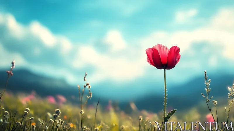 Lone crimson bloom salutes a dreamy turquoise sky.