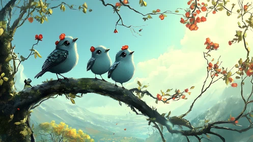 Whimsical blue birds on a flowering branch, digital painting style.