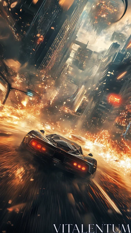 Supersonic hypercar escapes burning cybernetic megacity corridor.