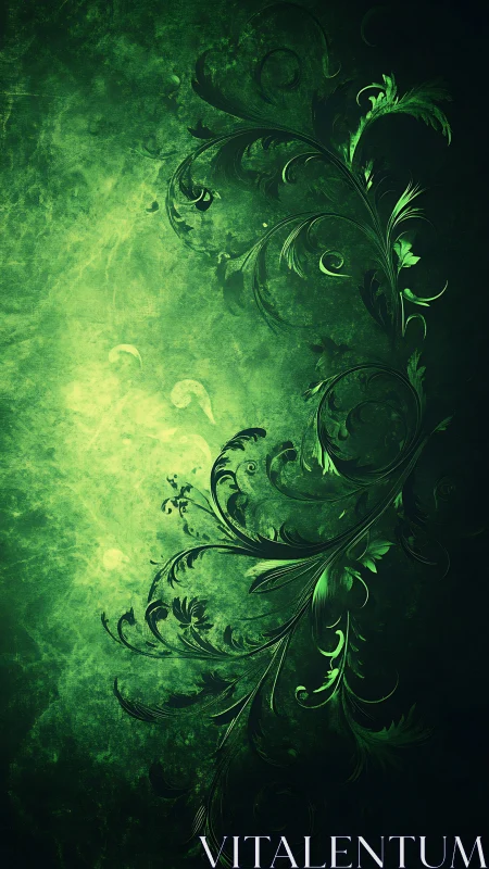 Luminescent emerald filigree curl on grunge gradient field.