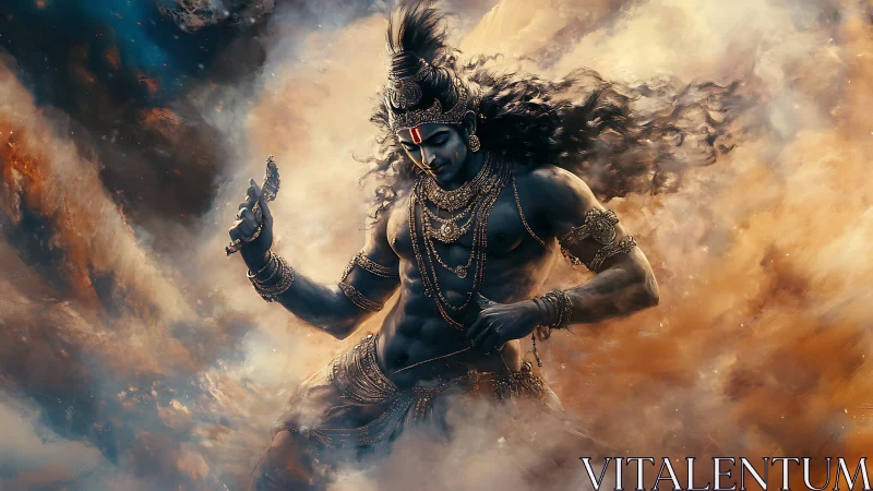 Mythic blue-skinned dancer amid swirling cloud forms.