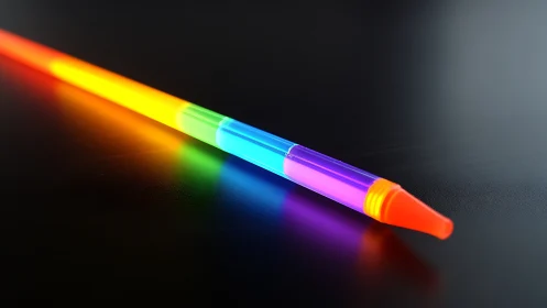 Neon rainbow light pen glows across matte black surface.