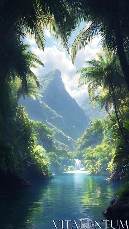 Tropical canyon lagoon with layered atmospheric depth and specular water