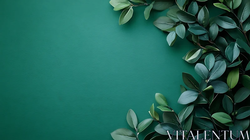 Botanical flat lay with green foliage on matte teal background