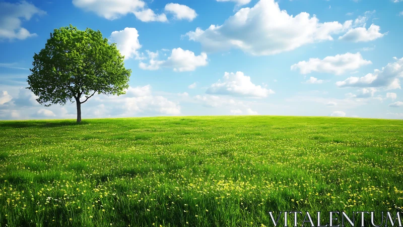 Single green tree on wide spring meadow under blue sky.