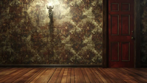 Red wooden door in moody vintage hallway interior scene.