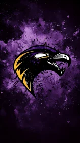 Raven head logo explodes from dark purple grunge field