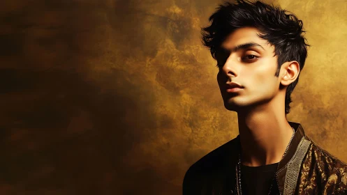 Cinematic side-lit portrait against textured golden backdrop.