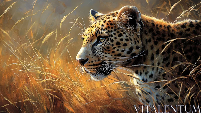 Leopard Emerges Through Golden Grassland