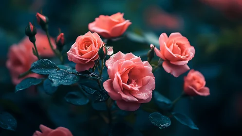 Coral Roses Blooming in Twilight Elegance.