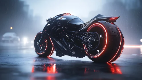 Futuristic neon motorcycle on wet cyberpunk city street.