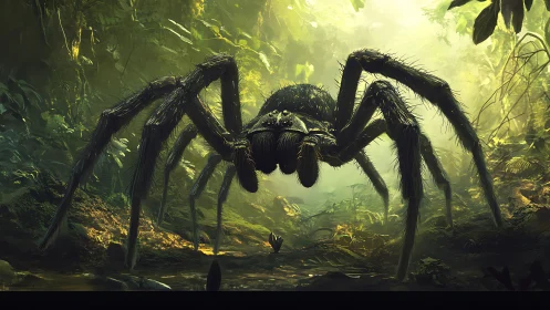 Colossal jungle spider rendered in dramatic backlit mist.
