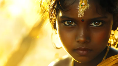 Portrait captures intense gaze of child in golden light