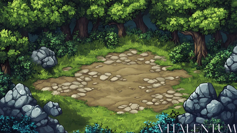 Forest clearing with stone-paved ground surrounded by deciduous trees