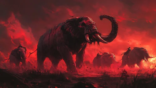 Armored war elephants advance through dense red haze