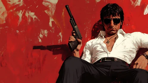 Gunmetal calm against a dripping red storm of attitude.