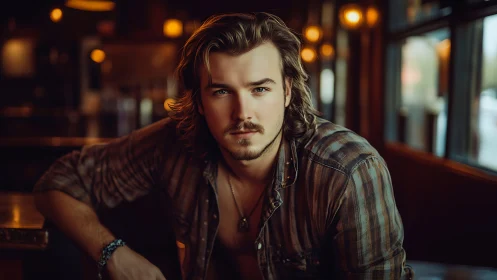 Handsome man gazes intensely in a warm cafe setting