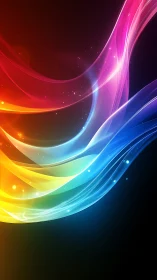 Chromatic light ribbons sweep across a deep black gradient