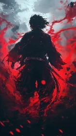 Samurai silhouette in crimson storm with dynamic energy field.