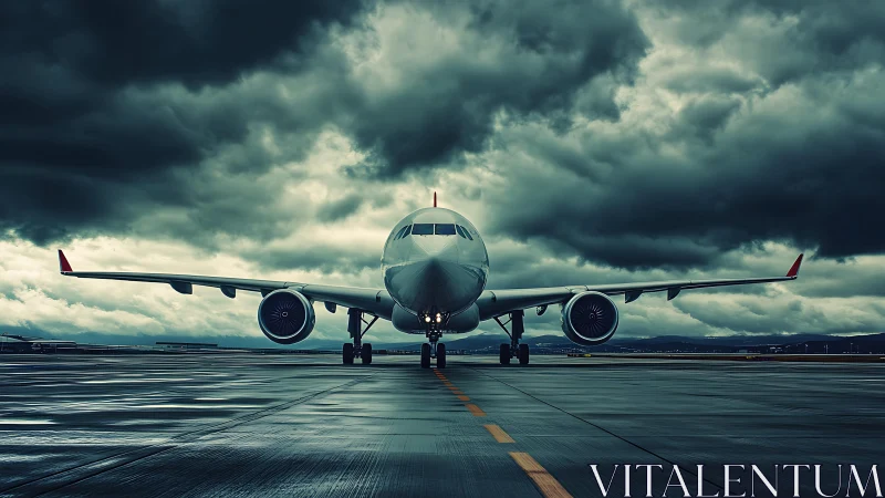 Widebody jetliner on wet runway under turbulent storm clouds