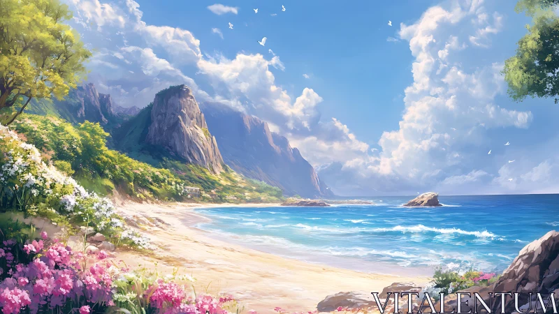 Tropical Beach Cove with Dramatic Cliffs and Blooming Flowers.
